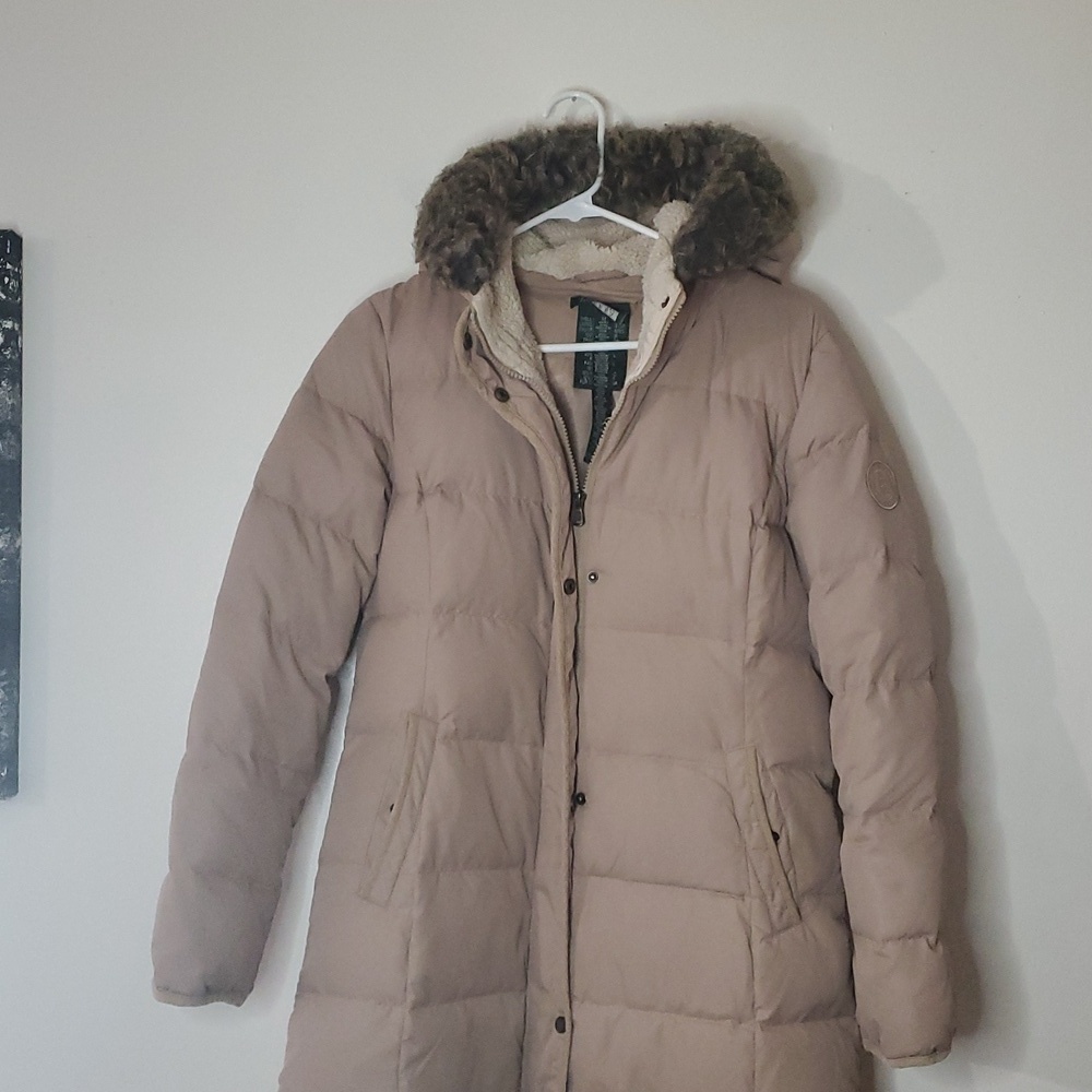 Womens Lauren Ralph Lauren Down Puffer Coat Size Medium Neutral Colored - Picture 2 of 16